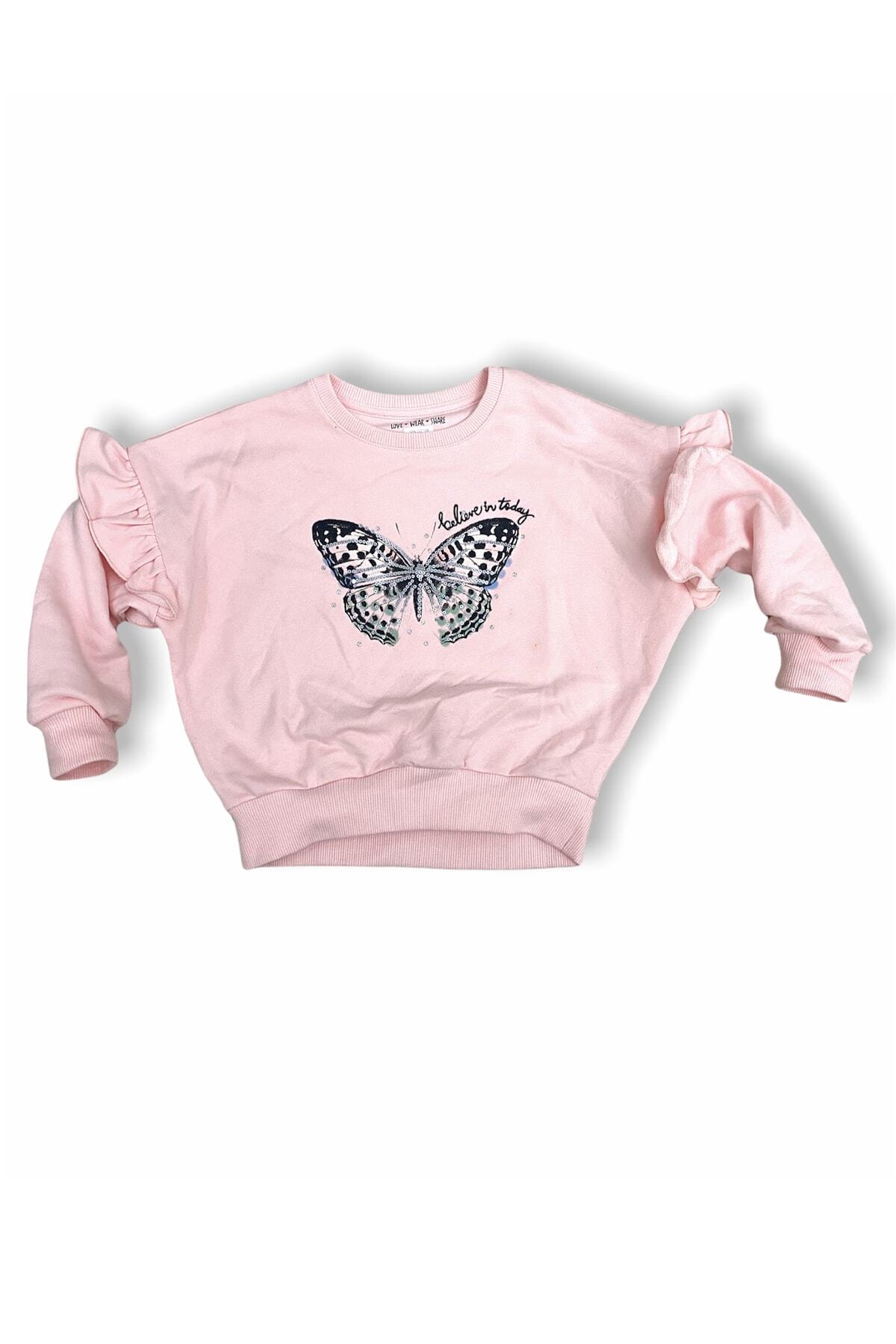 Pembe Kelebek Baskılı Pul Detaylı Yarasa Kol Organik Pamuk Kız Çocuk Sweatshirt