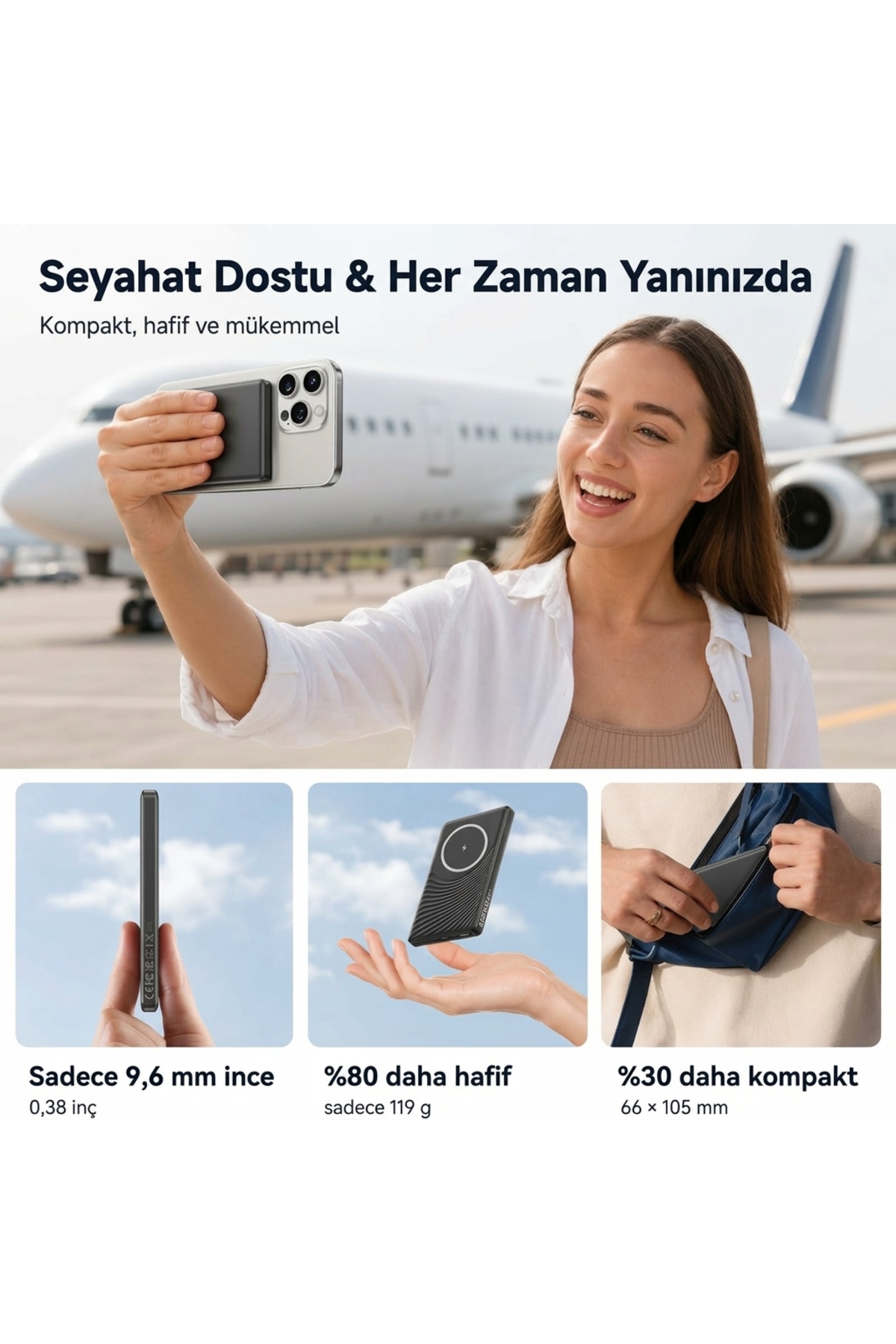 Ultra İnce MagSafe Uyumlu Manyetik Powerbank - 15W Kablosuz & 20W PD Hızlı Şarj, Taşınabilir Şarj Cihazı (iPhone ve Android Uyumlu)