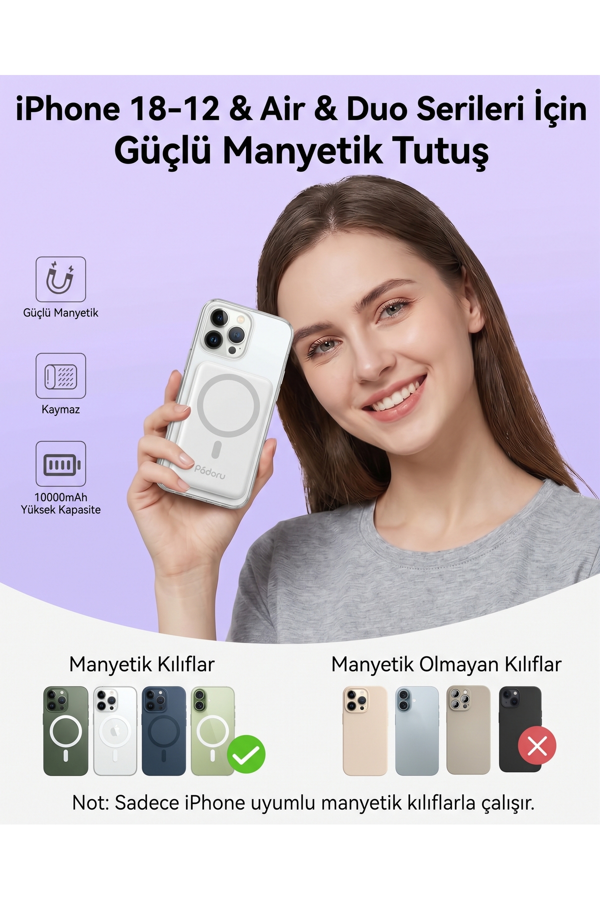 Podoru 10000 mAh MagSafe Uyumlu Manyetik Powerbank - 22.5W Hızlı
