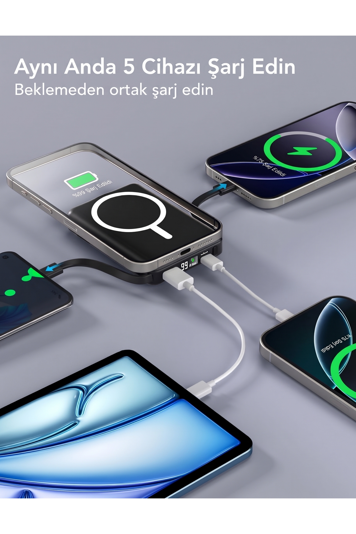 10000mAh Siyah Manyetik Powerbank - Aynı Anda 5 Cihaz Şarj, Dahili Kablolu & 22.5W Hızlı Şarj